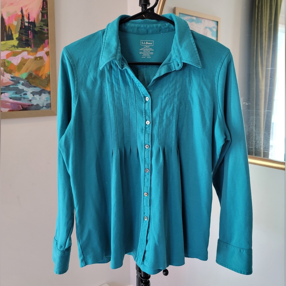 LL Bean Knit Teal Long Sleeved Pintucked Tunic Blouse PL